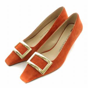 パンプス スクエアトゥ ローヒール スエード 装飾 38 オレンジ /BB