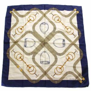 スカーフ カレ チェーン 馬具柄 総柄 シルク ホワイト ブルー