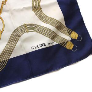 CELINE スカーフ カレ チェーン 馬具柄 総柄 シルク ホワイト ブルー
