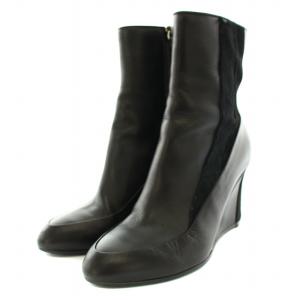 ショートブーツ アーモンドトゥ ウェッジソール レザー サイドジップ 37 24.0cm 黒 ブラック