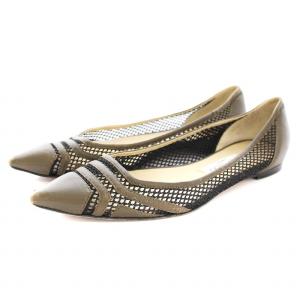 ナッパメッシュ ヘッティ ポインテッドフラットシューズ パンプス メッシュ レザー 37 カーキ 黒 ブラック