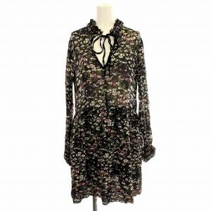 シフォン シアーワンピース 1858 花柄 ひざ丈 長袖 ワンピース 36 黒 ブラック /G