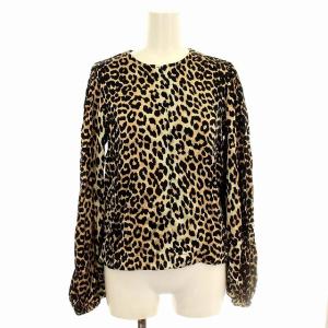 ハーフジップ シャツ レオパード ブラウス 1772 パフスリーブ ヒョウ柄 サテン 長袖 34 ベージュ