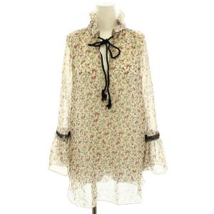 シャツ ブラウス キーネック 長袖 フリル 花柄 34 白 ホワイト ピンク 黄 イエロー S7HHT16