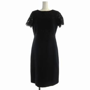 ワンピース ツイード 半袖 ひざ丈 レース装飾 ラメ 38 紺 ネイビー /EA