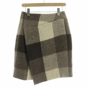 ラップスカート 巻き ひざ丈 ウール アルパカ シルク混 チェック 34 茶 ブラウン ベージュ /BB