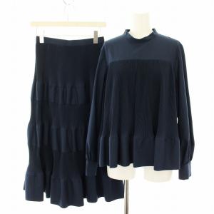 セットアップ 切替プリーツハイネックブラウス 長袖 切替プリーツギャザースカート 38 紺 ネイビー /YT
