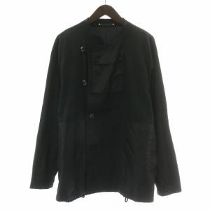 コットンナイロンノーカラーマルチポケットジャケット スタンドカラー アウター 切替 L 黒 ブラック /BB
