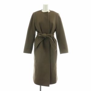 ノーカラーコート アウター ロング丈 ベルト ウール 36 茶 ブラウン /BB