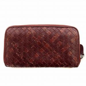 BOTTEGA VENETA イントレチャート 長財布 レザー ラウンドファスナー ボルドー