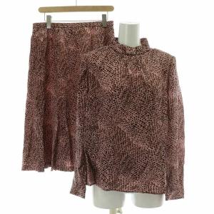 セットアップ 上下 シャツ ブラウス 長袖 スタンドカラー フレアスカート ミモレ ロング レオパード