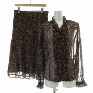 セットアップ 上下 シャツ ブラウス 長袖 フリル フレアスカート ミモレ ロング 総柄 13 黒 ブラック