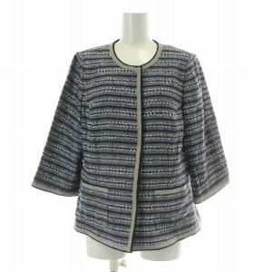 ノーカラージャケット アウター 前開きトッパー シルク 麻 リネン混 刺繍 13 紺 ネイビー /BB