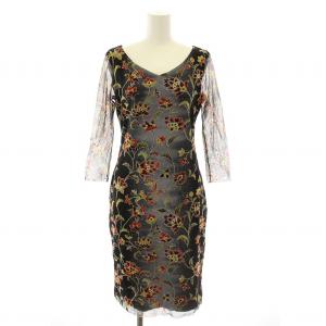 ワンピース ひざ丈 Vネック 長袖 花柄 切替 シアー 0 黒 ブラック 赤 レッド 016-240101