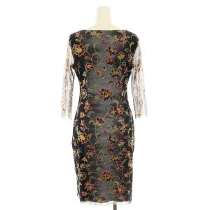 VIVIENNE TAM ワンピース ひざ丈 Vネック 長袖 花柄 切替 シアー 0 黒 ブラック 赤 レッド 016-240101