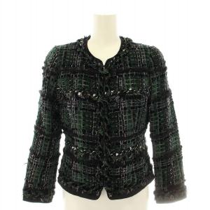 ティシュー TISSUE ツイードジャケット アウター ショート丈 絹 シルク混 34 緑 グリーン 黒