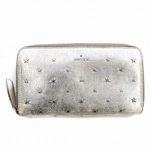 長財布 スタッズ 星 レザー ラウンドファスナー メタリック シルバー /G