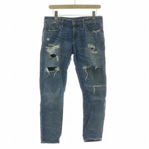 デニムパンツ ジーンズ ジップフライ ロゴパッチ USED加工 ダメージ加工 W27 青 ブルー /BB