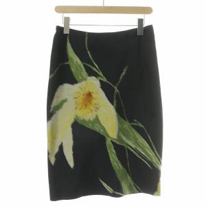 PURPLE LABEL タイトスカート ひざ丈 シルク 花柄 5 黒 ブラック 黄色 イエロー