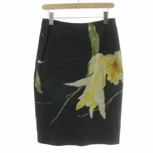 Ralph Lauren COLLECTION PURPLE LABEL タイトスカート ひざ丈 シルク 花柄 5 黒 ブラック 黄色 イエロー