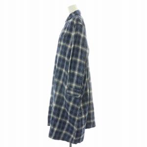 45R ツイル二重織のドレス シャツワンピース ミモレ ロング 長袖 ハーフボタン チェック柄 F 青 ブルー