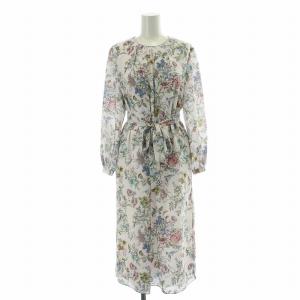 フレアワンピース ミモレ ロング 長袖 クルーネック ベルト 花柄 4 紫 パープル ピンク タグ付き