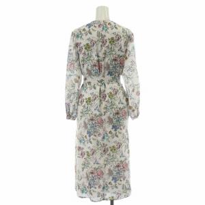 Paul Stuart フレアワンピース ミモレ ロング 長袖 クルーネック ベルト 花柄 4 紫 パープル ピンク タグ付き