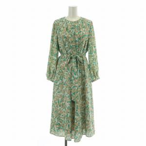 ウォッシャブル シャドーフラワープリントワンピース フレア ミモレ ロング 長袖 ベルト 総柄 4 青 ブルー ベージュ K1J21-464-40