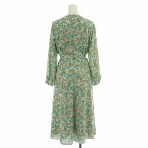 Paul Stuart ウォッシャブル シャドーフラワープリントワンピース フレア ミモレ ロング 長袖 ベルト 総柄 4 青 ブルー ベージュ K1J21-464-40