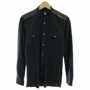 シャツ バンドカラー 長袖 絹 シルク 38 紺 ネイビー 緑 グリーン /YT