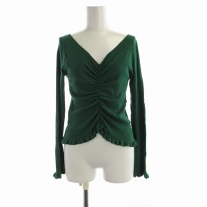 フリルリブニットトップ カットソー Vネック 長袖 36 緑 グリーン 1914 3010-0