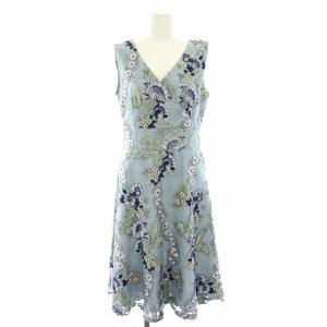 マルチフラワーチュールワンピース ひざ丈 ノースリーブ 花柄 刺繍 36 水色 ライトブルー 18135058-1