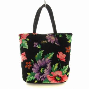 ハンドバッグ 花柄 布製 ロゴ 黒 ブラック /EE