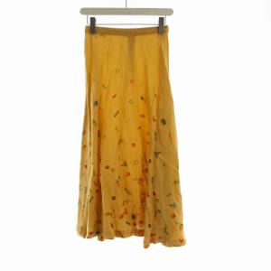 フレアスカート マキシ ロング 総柄 麻 リネン M オレンジ D0333FSL039 /RO