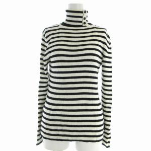 ニット カットソー リブ 長袖 ボーダー柄 タートルネック TU 白 ホワイト 黒 ブラック /EA