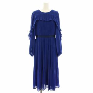 プリーツラッフルワンピース ロング 長袖 フリル 38 青 ブルー CWFO215032