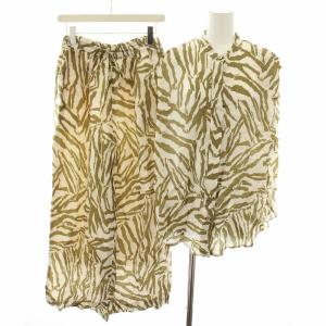 セットアップ 上下 ブラウス シャツ バンドカラー ノースリーブ イージーパンツ ゼブラ柄 38 カーキ