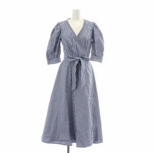 フレアワンピース ギャザー ラップ 巻き ミモレ ロング 五分袖 パフスリーブ Vネック ギンガムチェック柄 2 青 ブルー