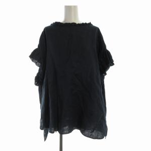 シャツ ブラウス 麻 リネン フリル 半袖 M 紺 ネイビー 302310-13-150-65-020