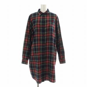 シャツワンピース ひざ丈 長袖 レギュラーカラー チェック柄 ロゴ UK10 赤 レッド マルチカラー