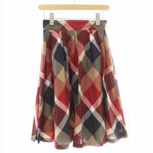 フレアスカート タック ひざ丈 チェック柄 36 赤 レッド マルチカラー /BB