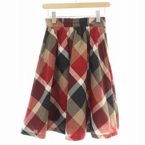 BLUE LABEL CRESTBRIDGE フレアスカート タック ひざ丈 チェック柄 36 赤 レッド マルチカラー /BB