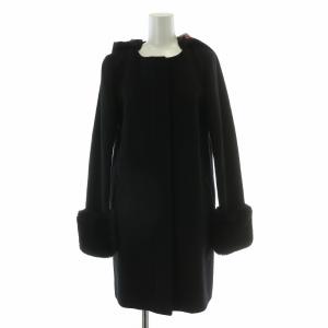 ノーカラーコート アウター ロング丈 フェイクファー フード ウール 裏地チェック 36 黒 ブラック