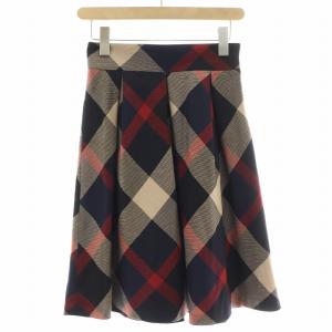 フレアスカート タック ひざ丈 チェック柄 ウール 36 赤 レッド 紺 ネイビー /BB