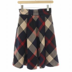 BLUE LABEL CRESTBRIDGE フレアスカート タック ひざ丈 チェック柄 ウール 36 赤 レッド 紺 ネイビー /BB