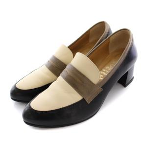 本革ローファーパンプス シューズ チャンキーヒール レザー 25cm 白 黒 ベージュ /YM D