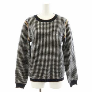 ニット セーター 長袖 チェック柄 ウール M 黒 ブラック 白 ホワイト 64-15-0951-694