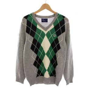 ニット セーター アーガイル柄 ラムウール Vネック 長袖 M グレー 緑 K2271 /YM