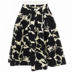 21AW コットングログランフラワープリントスカート フレアスカート ロング丈 36 黒 ブラック 白