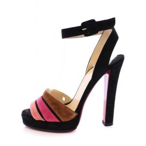 Christian Louboutin サンダル ハイヒール スエード ライン シューズ 34 黒 ブラック マルチカラー /DK OH